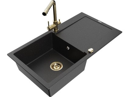 MEXEN/S - Leo granitový dřez s odkapávačem včetně baterie Duero, černá/stříbrná metalik 6501-73-671600-50