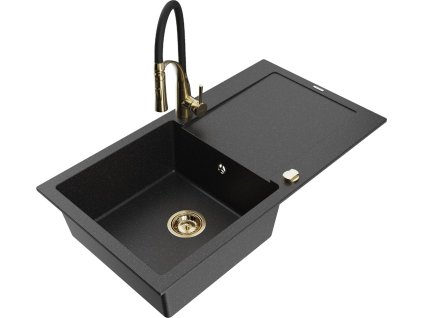 MEXEN/S - Leo granitový dřez 1 s odkapávačem včetně baterie Aster, černá/stříbrná metalik 6501-73-73450-57-G