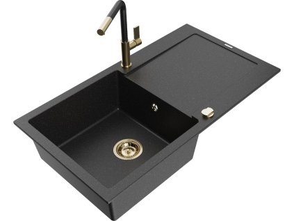 MEXEN/S - Leo granitový dřez 1 s odkapávačem včetně baterie Flora, černá/stříbrná metalik 6501-73-670401-57-G