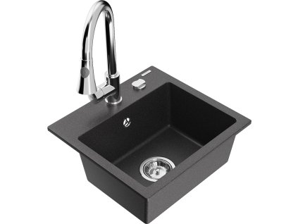 MEXEN/S - Milo granitový dřez 1-miska včetně baterie Elia, černá kropenatá 6505-76-670101-00