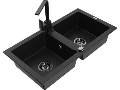 MEXEN/S - Mario granitový dřez 2-bowly včetně baterie Rita, černý 6504-77-670300-70-B
