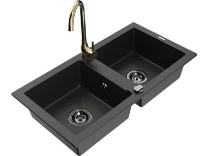MEXEN/S - Mario granitový dřez 2-bowl včetně baterie Telma, černá 6504-77-670200-50-B