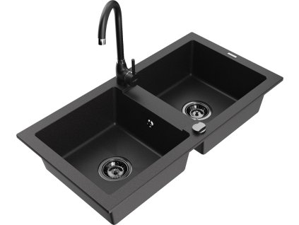 MEXEN/S - Mario granitový dřez 2-bowl včetně baterie Telma, černá 6504-77-670200-70-B
