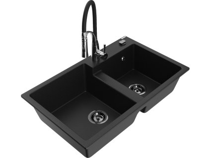 MEXEN/S - Tomas granitový dřez 2-bowl včetně baterie Aster, černá 6516-77-73450-07-B