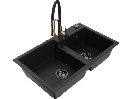 MEXEN/S - Tomas granitový dřez 2-bowl včetně baterie Aster, černá 6516-77-73450-57-B