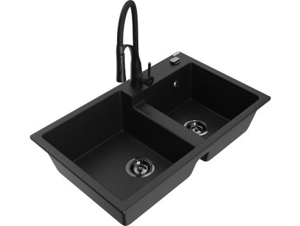 MEXEN/S - Tomas granitový dřez 2-bowl včetně baterie Aster, černá 6516-77-73450-70-B