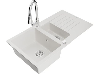 MEXEN/S - Matias granitový dřez 1.5 s odkapávačem včetně baterie Elia, bílá 6502-20-670101-00