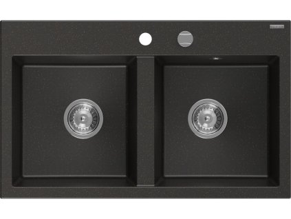 MEXEN - Hektor granitový dřez 2-bowl 800 x 480 mm, černá/zlatá metalik, sifon chrom 6521802000-75