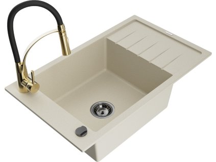 MEXEN/S - Elias granitový dřez 1 s odkapávačem včetně baterie Aster, béžová 6511-69-73450-57-B