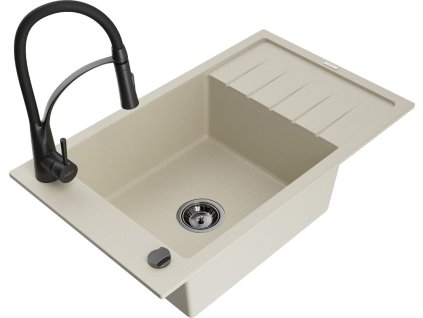 MEXEN/S - Elias granitový dřez 1 s odkapávačem včetně baterie Aster, béžová 6511-69-73450-70-B