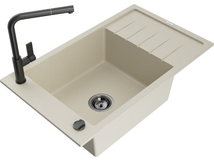 MEXEN/S - Elias granitový dřez 1 s odkapávačem včetně baterie Flora, béžová 6511-69-670401-70-B