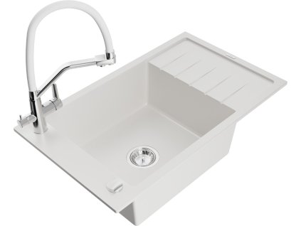 MEXEN/S - Elias granitový dřez s odkapávačem včetně baterie Duo, bílá 6511-20-671701-02