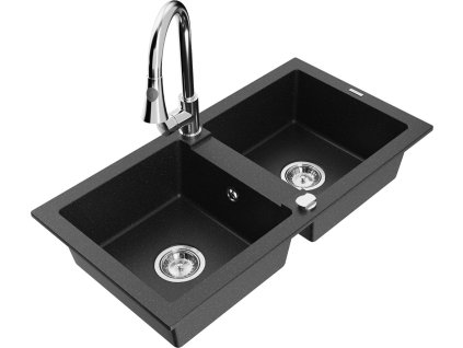 MEXEN/S - Mario granitový dřez 2-bowl včetně baterie Elia, černá/stříbrná metalik 6504-73-670101-00