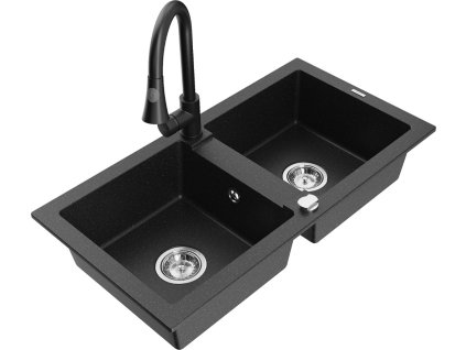 MEXEN/S - Mario granitový dřez 2-bowl včetně baterie Elia, černá/stříbrná metalik 6504-73-670101-70