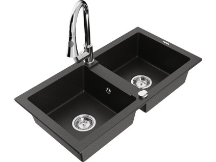 MEXEN/S - Mario granitový dřez 2-bowl včetně baterie Elia, černá/zlatá metalik 6504-75-670101-00