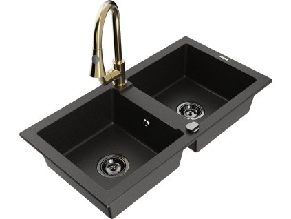 MEXEN/S - Mario granitový dřez 2-bowl včetně baterie Elia, černá/zlatá metalik 6504-75-670101-50-B