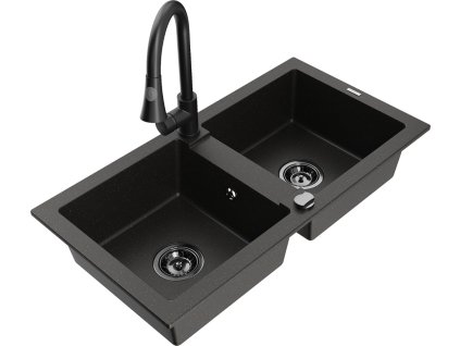 MEXEN/S - Mario granitový dřez 2-bowl včetně baterie Elia, černá/zlatá metalik 6504-75-670101-70-B