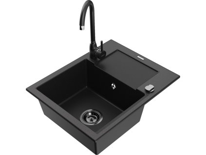 MEXEN/S - Enzo granitový dřez s odkapávačem včetně baterie Telma, černá 6506-77-670200-70-B