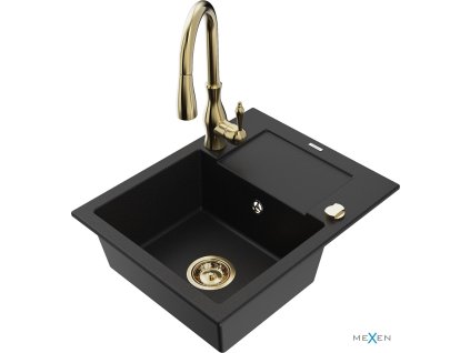 MEXEN/S - Enzo granitový dřez 1 s odkapávačem včetně baterie Savita, černá 6506-77-672601-50