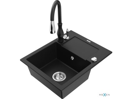 MEXEN/S - Enzo granitový dřez 1 s odkapávačem včetně baterie Savita, černá 6506-77-672601-70