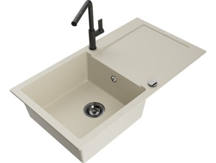 MEXEN/S - Leo granitový dřez 1 s odkapávačem včetně baterie Flora, béžováy 6501-69-670401-70-B