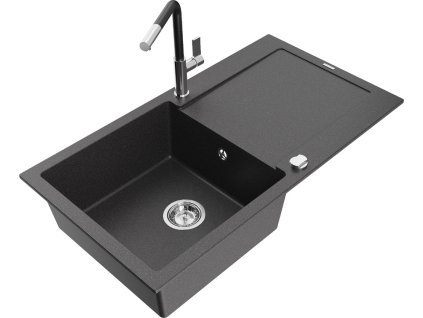 MEXEN/S - Leo granitový dřez 1 s odkapávačem včetně baterie Flora, černá kropenatá 6501-76-670401-07