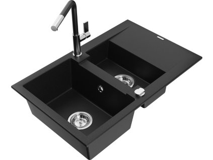MEXEN/S - Gaspar granitový dřez 1.5 s odkapávačem včetně baterie Flora, černá 6507-77-670401-07