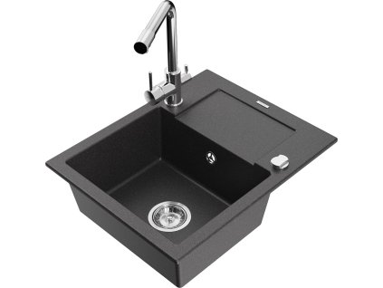 MEXEN/S - Enzo granitový dřez 1-miska s odkapávačem včetně baterie Duero, černá kropenatý 6506-76-671600-00