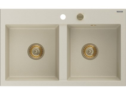 MEXEN/S - Hektor granitový dřez 2-bowl 800 x 480 mm, béžová, zlatý sifon 6521802000-69-G