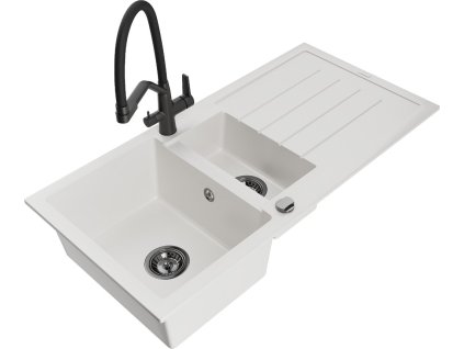 MEXEN/S - Andres granitový dřez s odkapávačem včetně baterie Duo, bílá 6515-20-671701-70-B