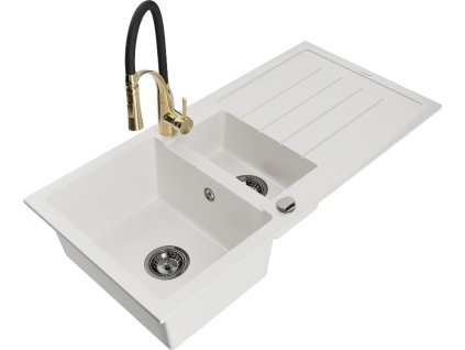 MEXEN/S - Andres granitový dřez s odkapávačem včetně baterie Aster, bílá 6515-20-73450-57-B