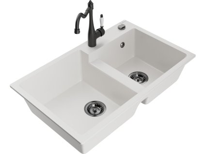 MEXEN/S - Tomas granitový dřez 2-bowl včetně baterie Carla, bílá 6516-20-670700-70