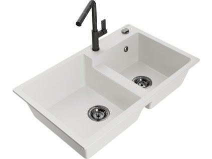 MEXEN/S - Tomas granitový dřez 2-bowl včetně baterie Flora, bílá 6516-20-670401-70-B