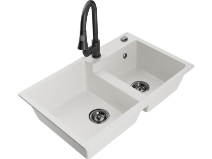 MEXEN/S - Tomas granitový dřez 2-bowl včetně baterie Elia, bílá 6516-20-670101-70