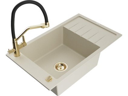 MEXEN/S - Elias granitový dřez s odkapávačem včetně baterie Duo, béžová 6511-69-671701-57-G