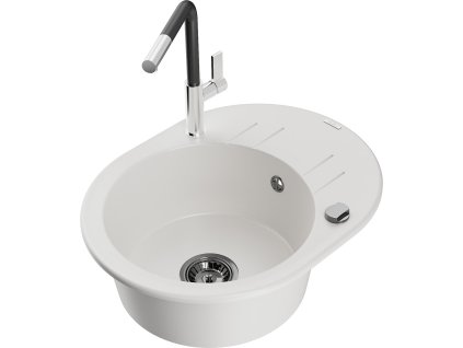 MEXEN/S - Kevin granitový dřez 1-miska s odkapávačem včetně baterie Flora, bílá 6517-20-670401-07-B