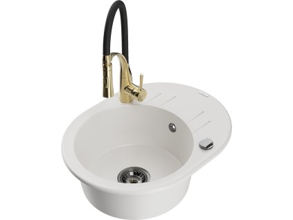 MEXEN/S - Kevin granitový dřez s odkapávačem včetně baterie Aster, bílá 6517-20-73450-57-B