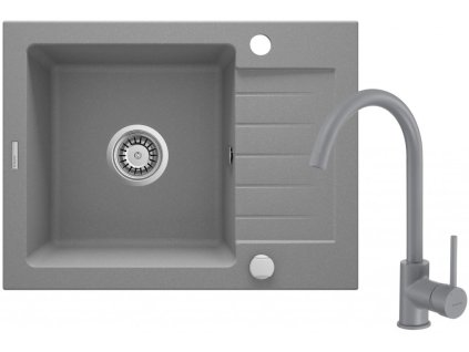 DEANTE - Zorba šedá metalic - Granitový dřez včetně baterie, 1 - bowl s odkapávačem ZQZAS11A