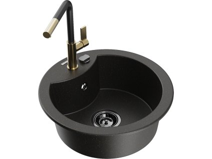 MEXEN/S - Diego granitový dřez 1-miska včetně baterie Flora, černá/zlatá metalik 6512-75-670401-57-B