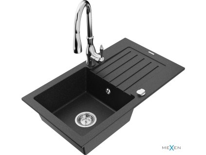 MEXEN/S - Pablo granitový dřez 1 s odkapávačem včetně baterie Savita, černá/stříbrná metalik 6510-73-672601-00