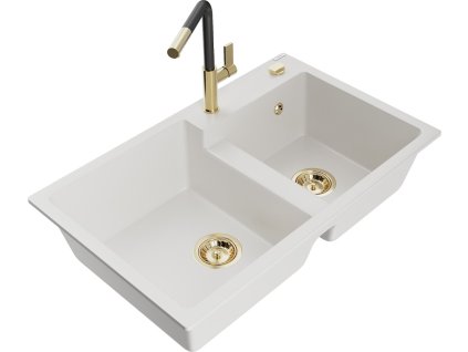 MEXEN/S - Tomas granitový dřez 2-bowl včetně baterie Flora, bílá 6516-20-670401-57-G