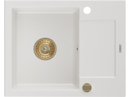 MEXEN/S - Enzo granitový dřez 1 s odkapávačem 576x465 mm,bílá,+ zlatý sifon 6506571005-20-G