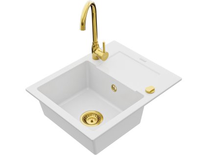 MEXEN/S - Enzo granitový dřez 1 s odkapávačem včetně baterie Telma, bílá 6506-20-670200-50