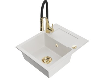 MEXEN/S - Enzo granitový dřez 1 s odkapávačem včetně baterie Aster, bílá 6506-20-73450-57-G