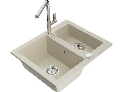 MEXEN/S - Carlos granitový dřez 1.5 včetně baterie Flora, béžová 6518-69-670401-00