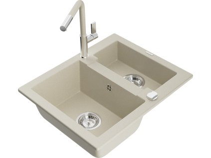 MEXEN/S - Carlos granitový dřez 1.5 včetně baterie Flora, béžová 6518-69-670401-09