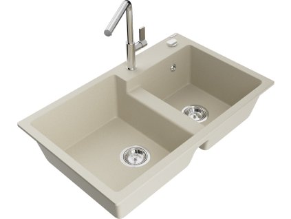 MEXEN/S - Tomas granitový dřez 2-bowl včetně baterie Flora, béžová 6516-69-670401-00