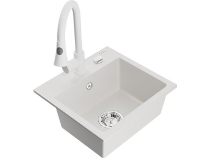 MEXEN/S - Milo granitový dřez 1-miska včetně baterie Elia, bílá 6505-20-670101-20