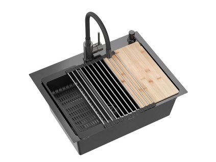 Quadron - Ocelový dřez LUKE 110 WORKSTATION Black s kuchyňskou baterií ZLE-09011