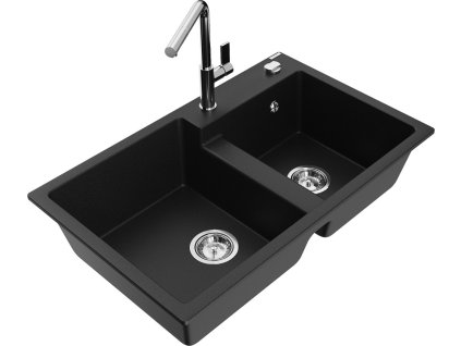 MEXEN/S - Tomas granitový dřez 2-bowl včetně baterie Flora, černá 6516-77-670401-00